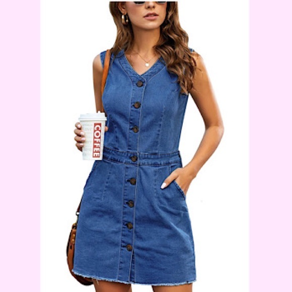 Dresses & Skirts - 🆕 V Neck Button Down Frayed Hem Short Denim Dress